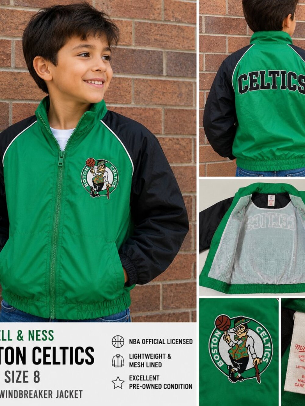 Mitchell & Ness Boston Celtics Youth Size 8 Full Zip Windbreaker Jacket